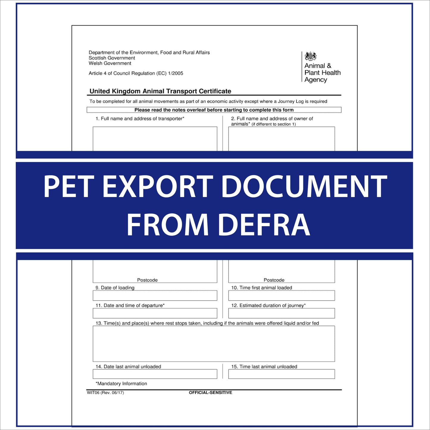 Pet export document from the DEFRA