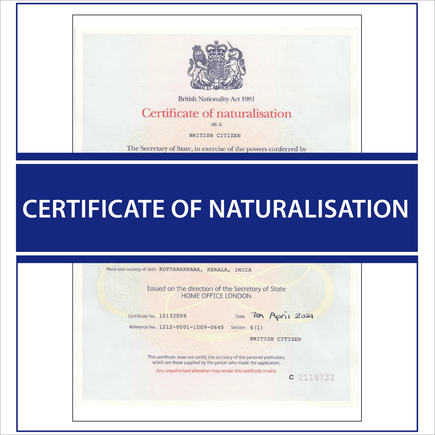 Certificate of naturalisation/registration